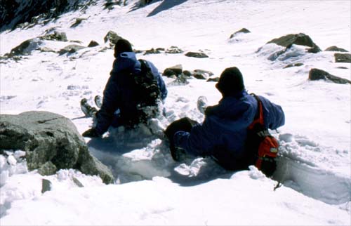 Deep snow glissade on Split Mountain, CA